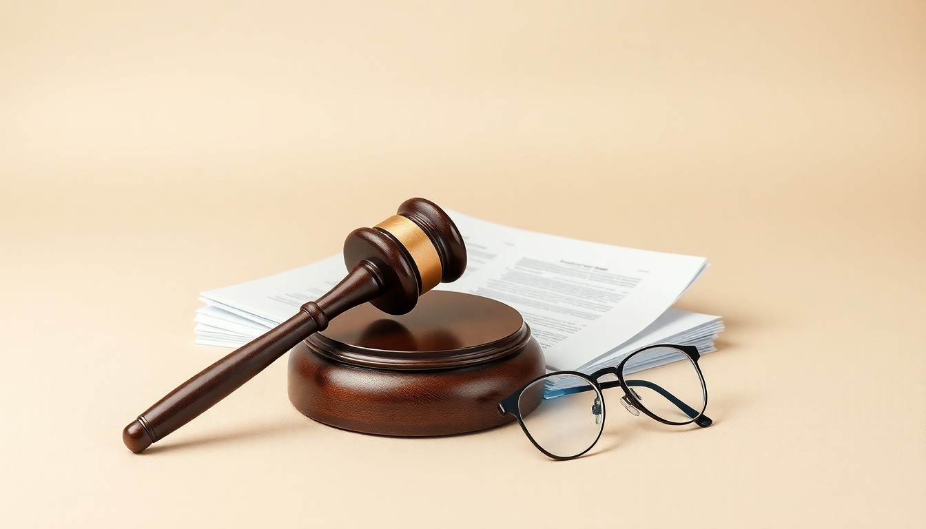 A photorealistic studio still life featuring a metal gavel, legal documents, and reading glasses arranged on a clean, monochromatic background, symbolizing the abstract concepts of corporate governance, financial risk, and legal proceedings.