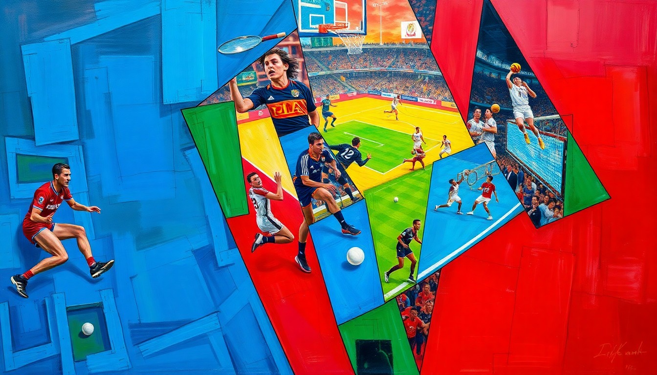 A fragmented, geometric painting depicting various sports scenes - a baseball diamond, a softball field, a volleyball court - all broken down into sharp, overlapping planes of color, capturing the energy and variety of the local sports slate.