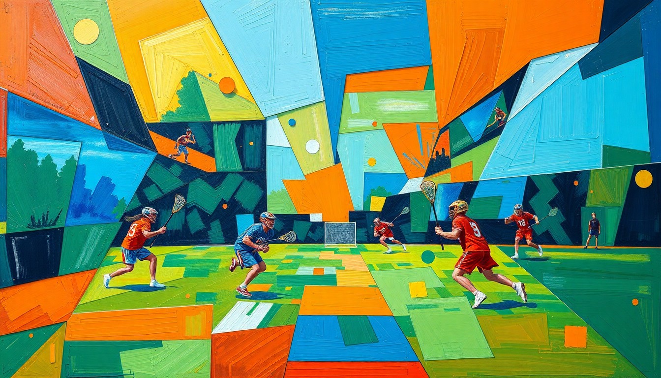 A cubist, geometric painting depicting a high school lacrosse game, with sharp, overlapping planes of color representing the players, field, and action on the field.