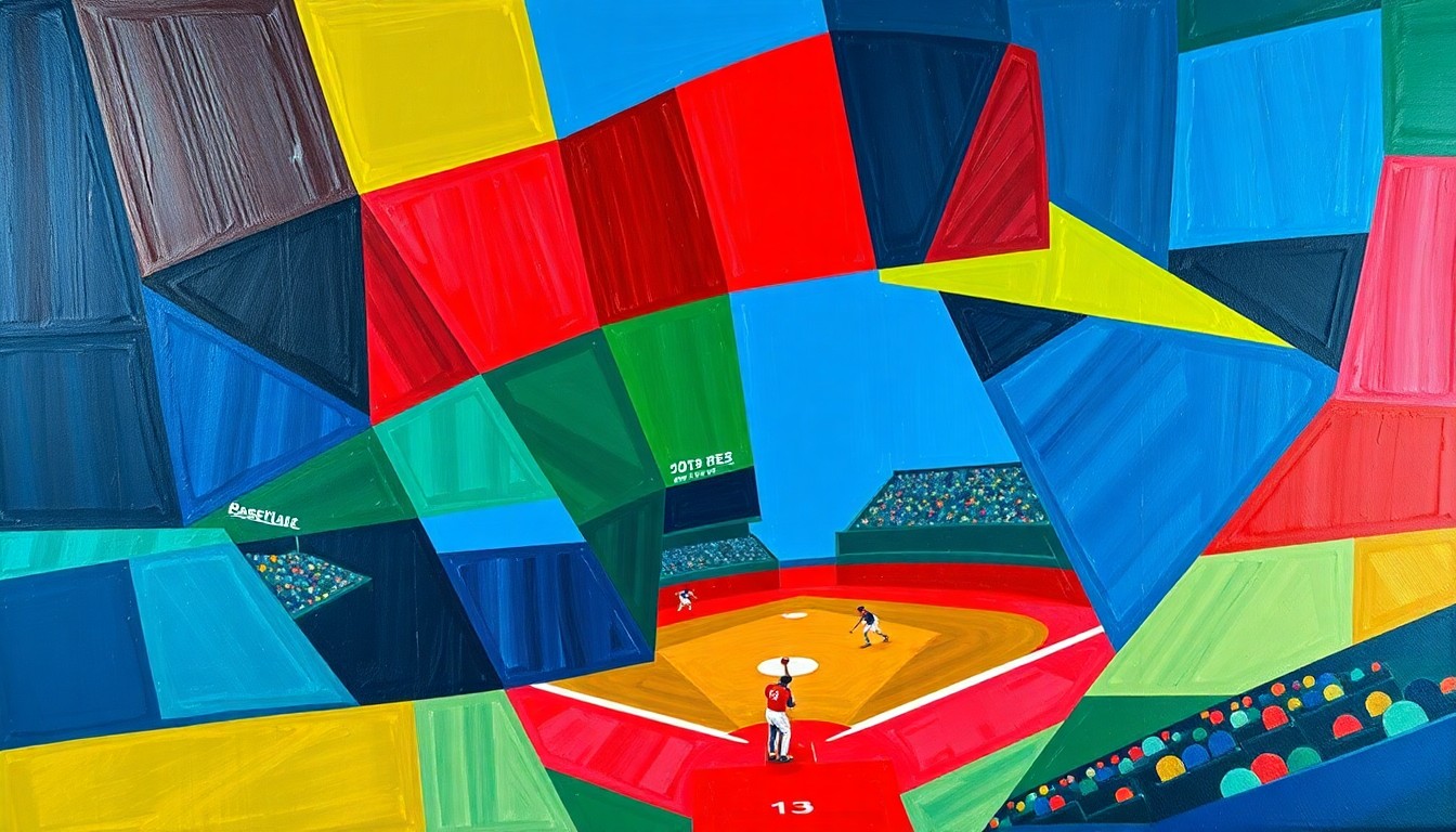 A fragmented, geometric painting depicting a baseball game, with overlapping planes of navy, green, and red conveying the tension and energy of the late-inning comeback.