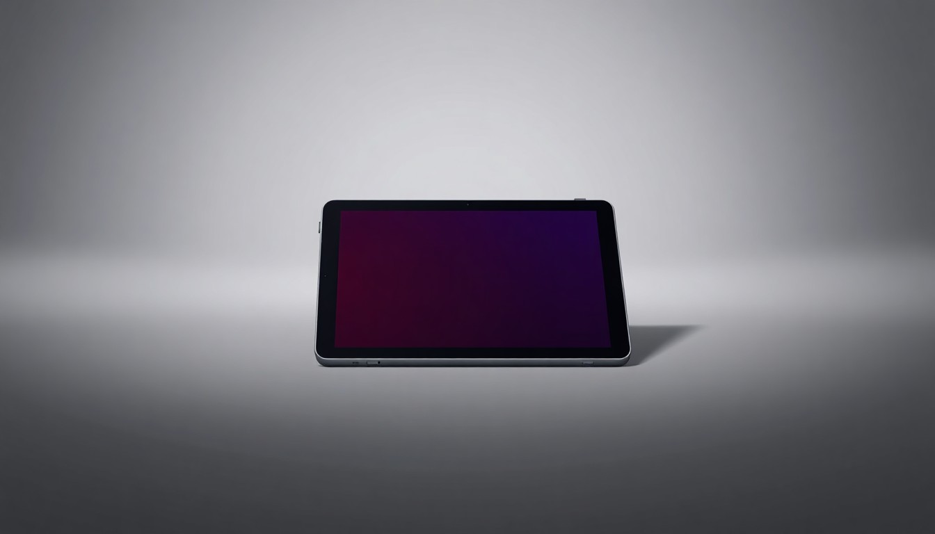 A photorealistic studio still-life photograph featuring a sleek, modern tablet device resting on a clean, monochromatic background, with dramatic lighting and shadows to represent the abstract concept of digital advertising and commerce in the hospitality industry.