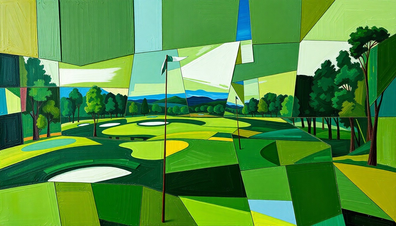 A cubist, geometric painting depicting a fragmented golf course scene with overlapping planes of deep green, brown, and blue hues, conveying the complex and fractured nature of the legal issues surrounding Tiger Woods' DUI case.