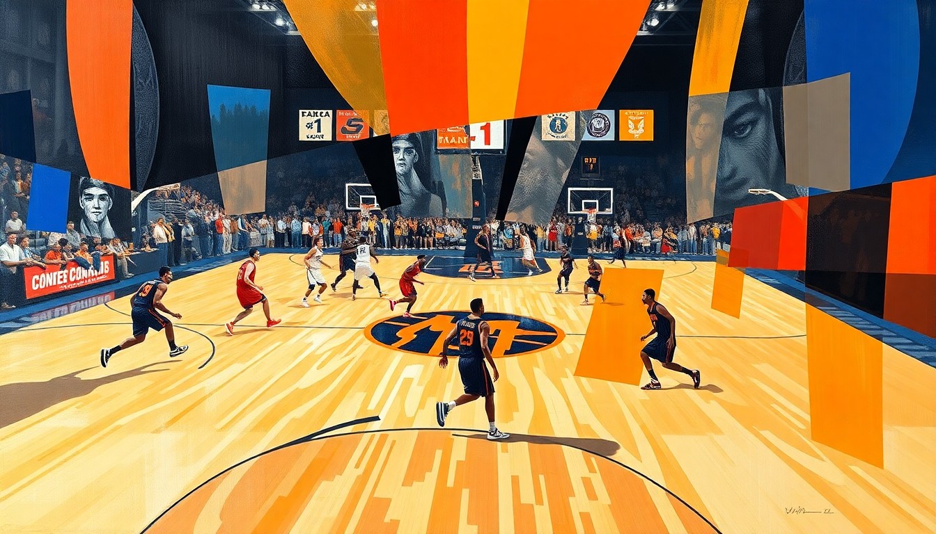 A cubist, geometric painting depicting the dynamic movements and energy of a basketball game between UConn and Illinois, with the players and court deconstructed into sharp, overlapping planes of color and form.