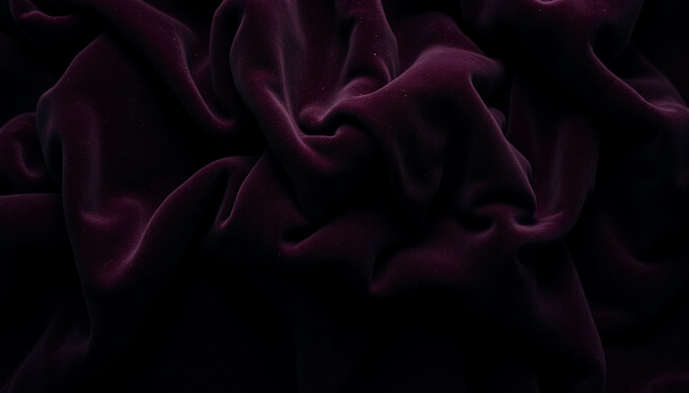 An extreme close-up of a heavily textured, crumpled velvet fabric in deep burgundy and charcoal tones, conveying a sense of sorrow and mourning through the dramatic lighting and abstract composition.