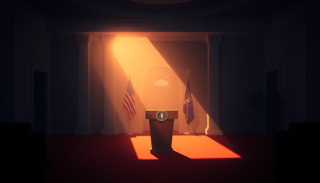 A serene, cinematic painting of an empty White House press briefing room, with a solitary podium bathed in warm, golden light and deep shadows, conveying a sense of solitude and contemplation.