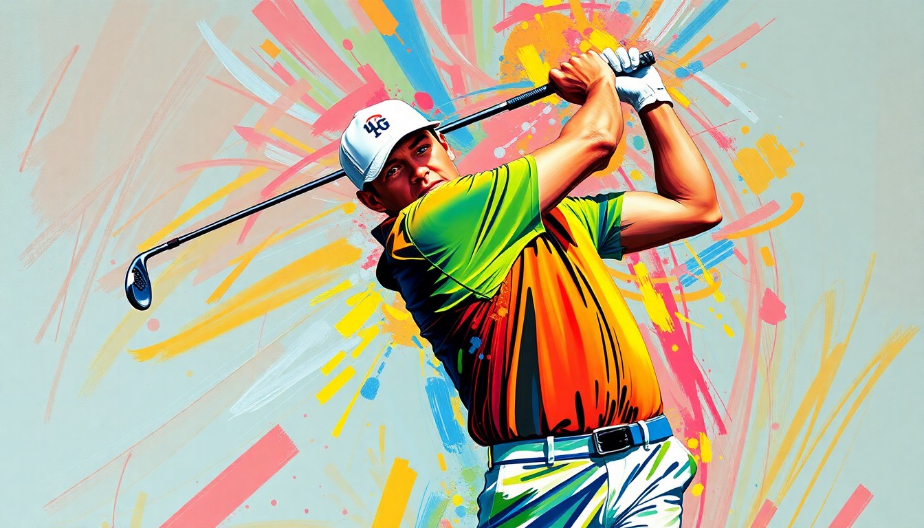 An abstract, energetic painting featuring bold brushstrokes of neon green, yellow, and orange, capturing the dynamic motion and raw power of a professional golfer's swing.
