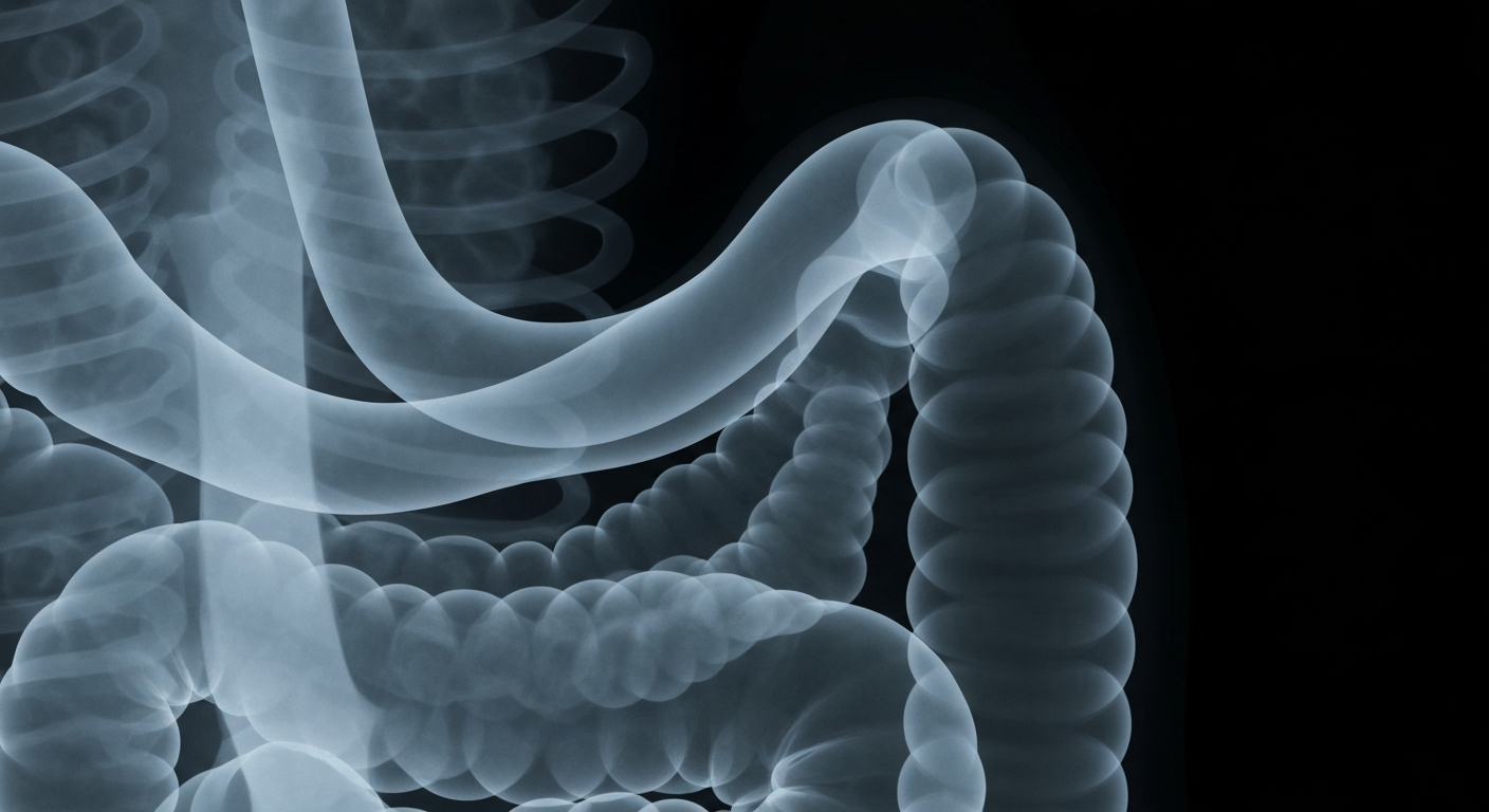 An ethereal, X-ray-style image showing the intricate internal structures of the human digestive system, conveying the medical complexities of gut health issues.