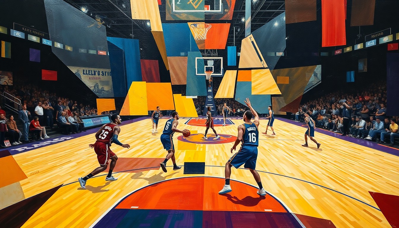 A fractured, multi-perspective painting depicting a basketball game between the Los Angeles Lakers and Oklahoma City Thunder, with players' bodies and the court deconstructed into sharp, overlapping geometric shapes and planes of color, capturing the raw energy and intensity of the game.