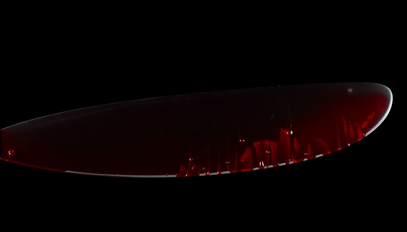 An extreme close-up of a bloodied knife blade, the harsh flash lighting creating a stark, gritty, investigative aesthetic that conceptually represents the violent crime at the heart of this news story.