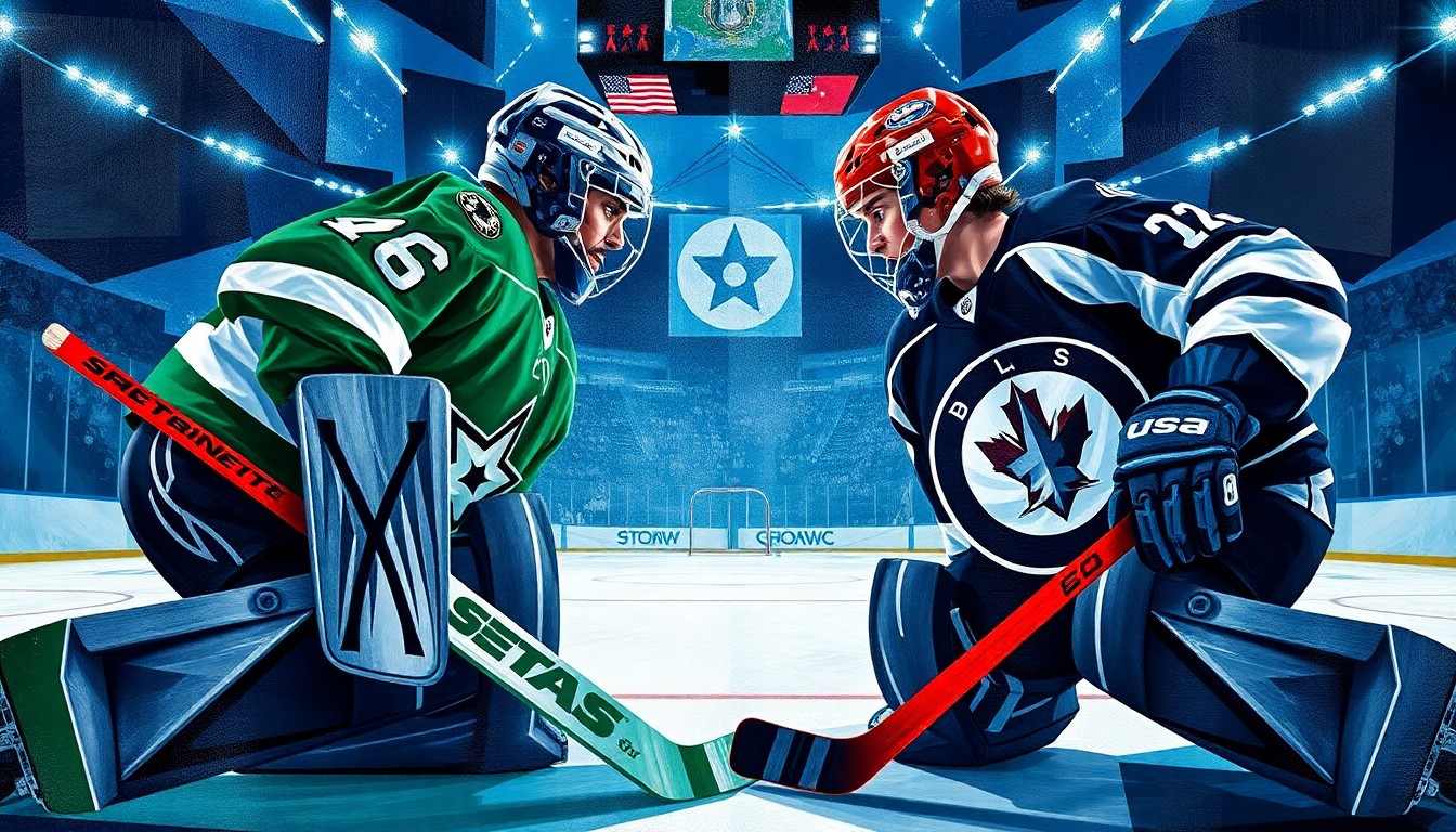 A cubist, geometric painting depicting the action of a hockey game, with the two goaltenders, Oettinger and Hellebuyck, as the central focus, their figures fractured and abstracted into overlapping planes of color and shape.