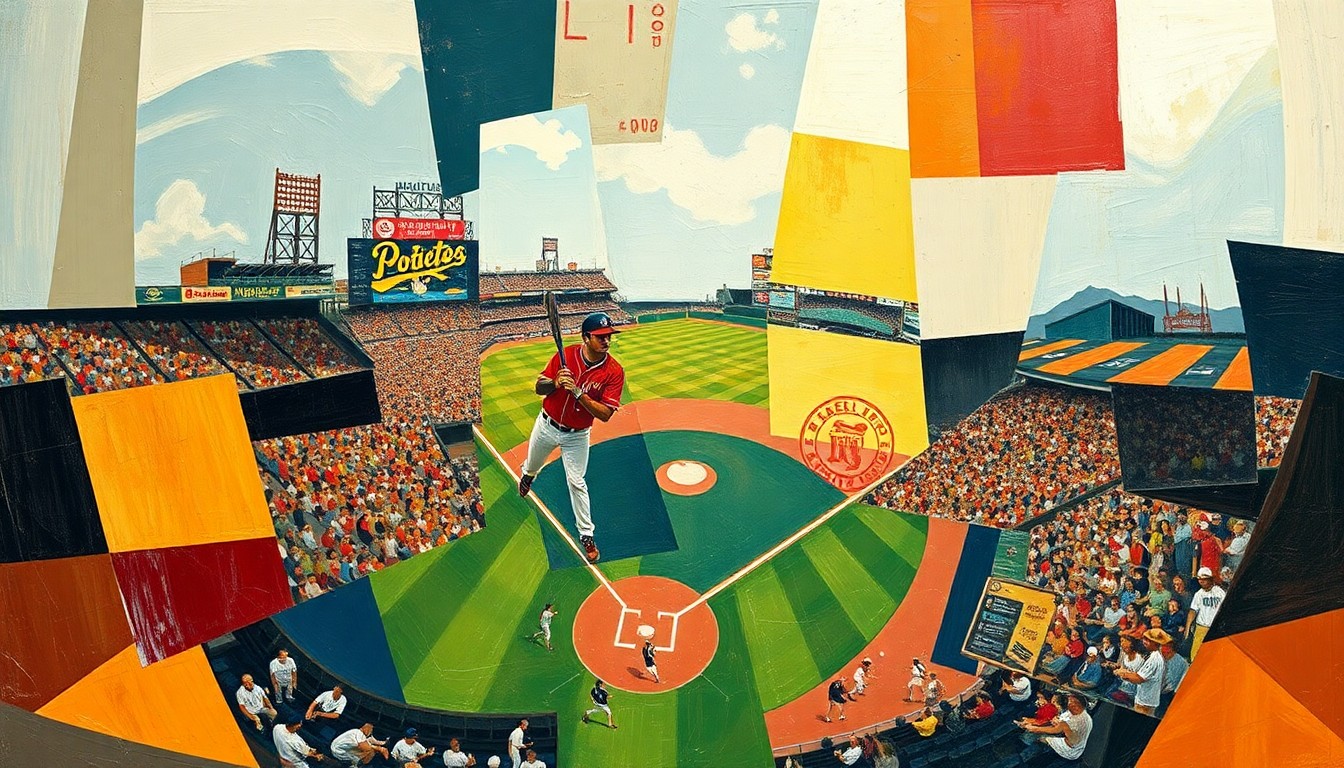 A cubist, geometric painting depicting a baseball game broken down into fragmented, overlapping shapes and planes, conveying the chaotic energy and high pressure of a professional sports event.