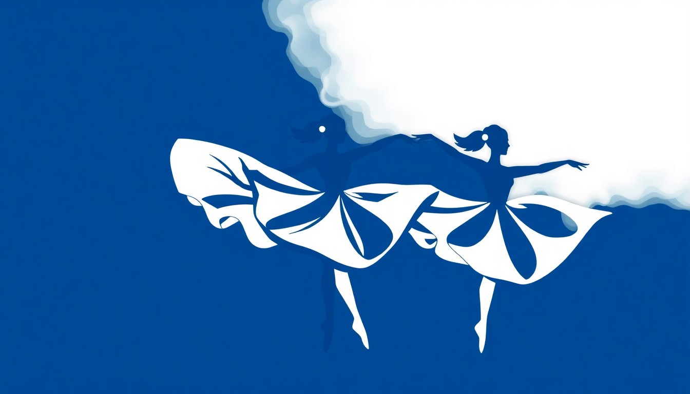 An abstract, minimalist illustration featuring sharp, geometric shapes in deep blue and white, evoking the graceful, swirling movements of ballet dancers.