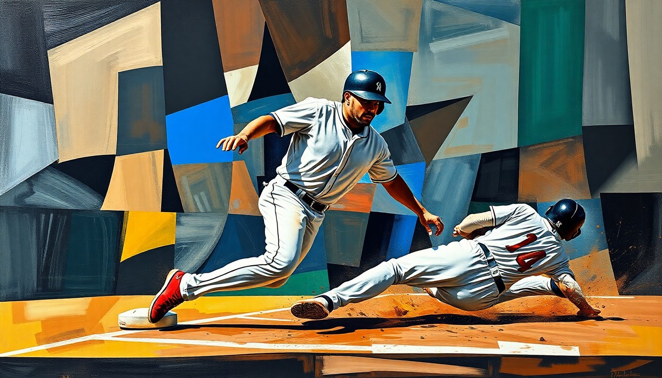 A cubist-style painting depicting a baseball player sliding into a base, with the figure broken down into sharp, overlapping geometric shapes in a variety of colors, capturing the dynamic motion and energy of the sport.