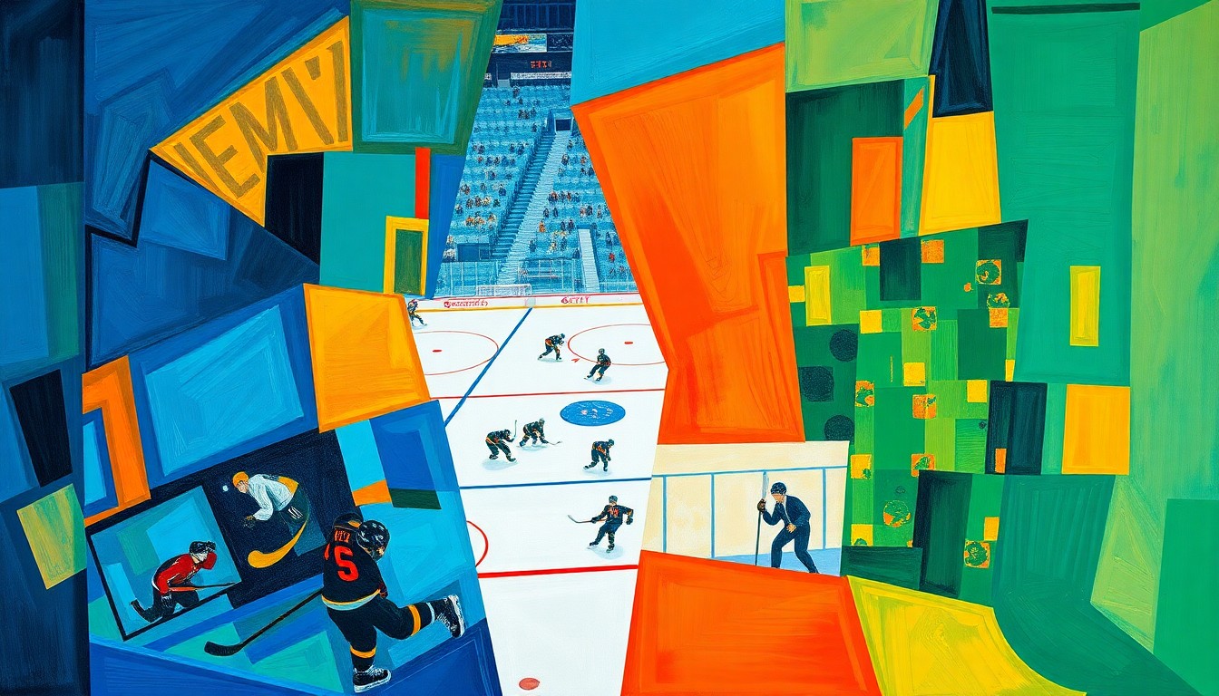 A cubist, geometric painting depicting an ECHL hockey game, with players and the rink broken down into overlapping angular shapes and planes in a vibrant color palette, capturing the dynamic energy of the sport.