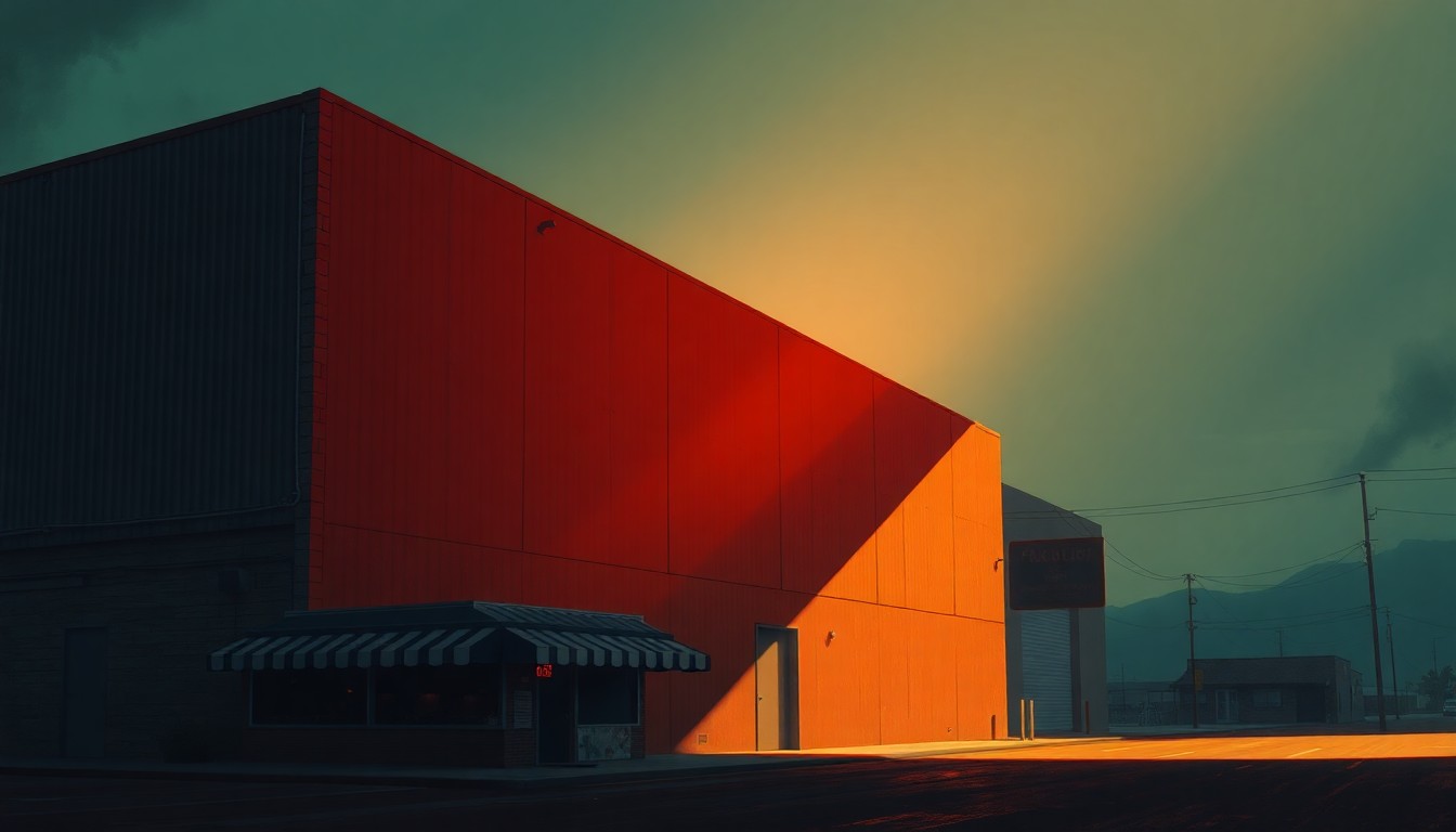 A cinematic painting depicting a solitary warehouse building in warm, diagonal sunlight, with a small Italian restaurant in the foreground, conveying a sense of quiet unease about the planned detention center's effect on the community.