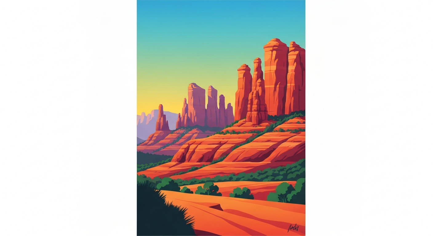 A bold, geometric illustration in the Art Deco style, featuring sweeping, airbrushed gradients of red, orange, and purple hues. The composition depicts the towering, iconic red rock formations of Sedona in a stylized, monumental perspective, capturing the grand scale and natural beauty of the city's landscape.