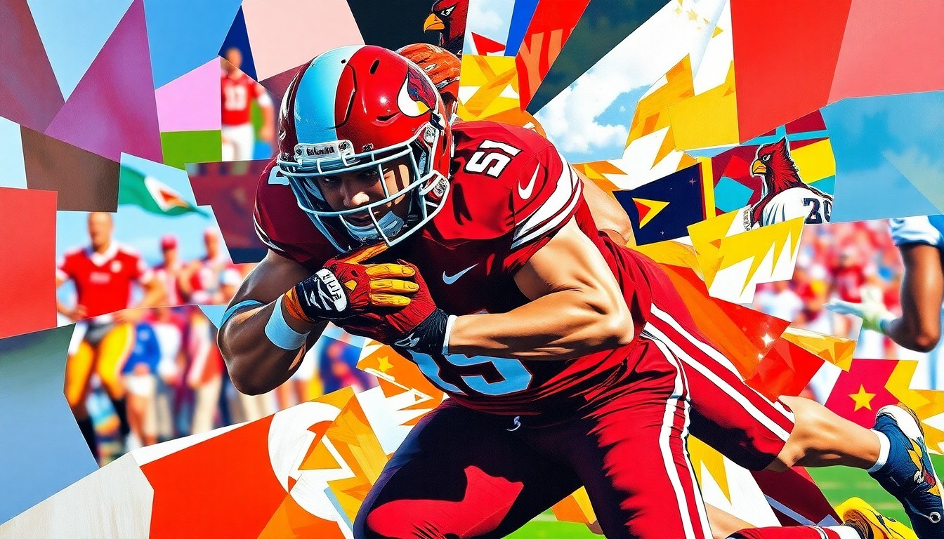 A fragmented, geometric painting depicting a football player in mid-tackle, with sharp, overlapping planes of color representing the University of Louisville's team colors.