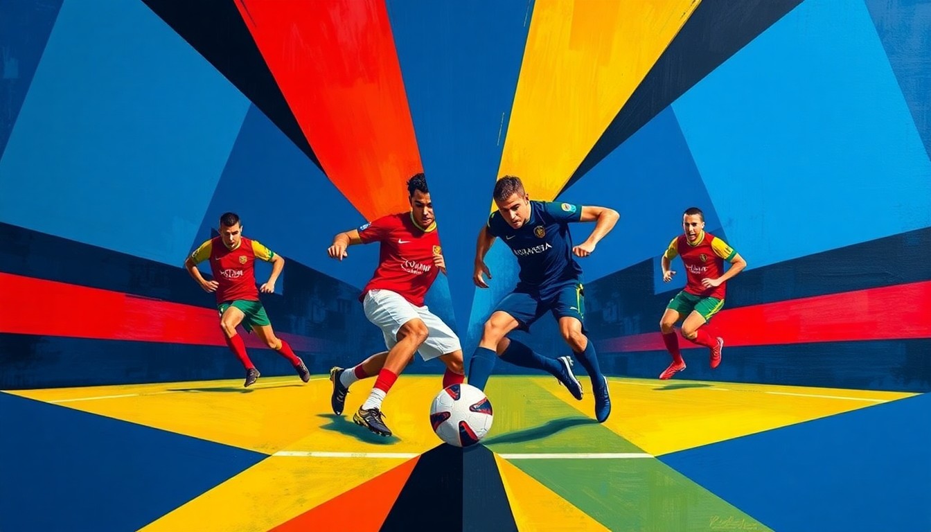 A cubist, geometric painting depicting the dynamic action of a soccer match, with players and the ball represented as fragmented, angular shapes in a bold color palette.