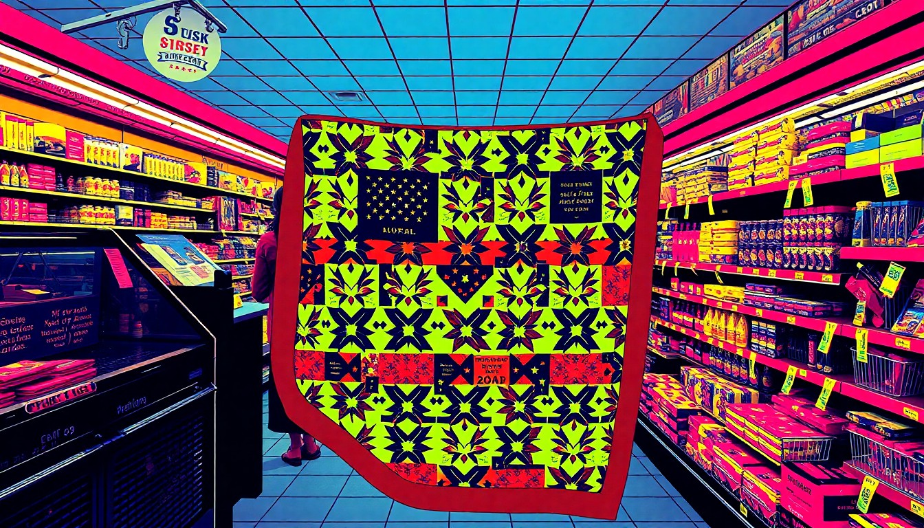A brightly colored, abstract silkscreen print featuring a Quilt of Valor draped over a grocery store checkout counter, repeated in a grid pattern to create a modern pop art composition.