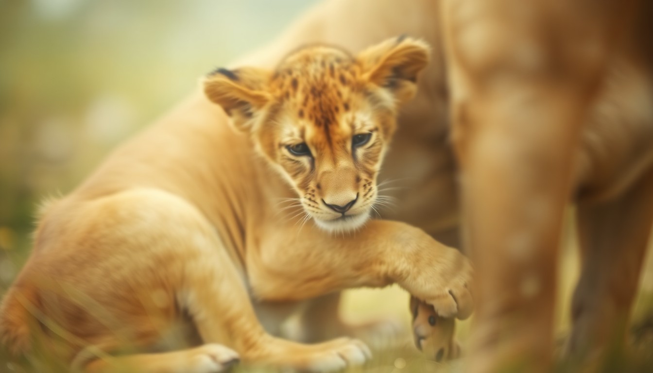 An extremely blurred, abstract image of a lion cub nursing from its mother, with soft, warm pools of color and light creating a dreamlike, intimate scene.