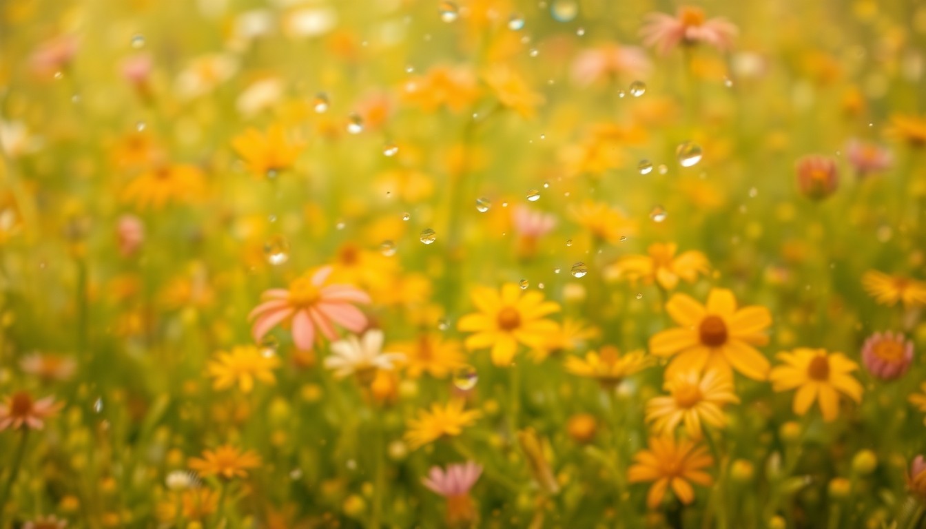 An impressionistic, out-of-focus photograph featuring a soft, hazy arrangement of vibrant green leaves and delicate spring blooms in shades of pink, purple, and white, conveying the lush, ethereal beauty of the Smokies' natural landscapes.