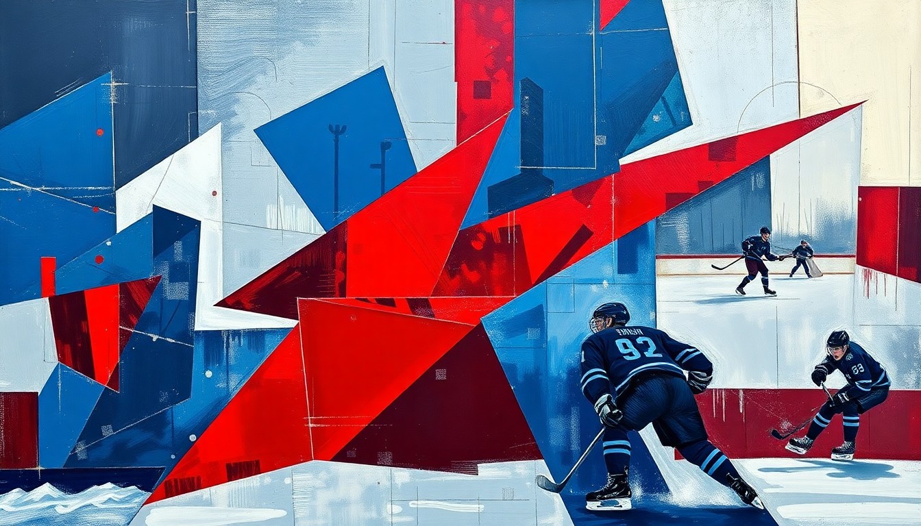 A fractured, cubist-style painting depicting the dynamic action of a hockey game, with players and the puck broken down into sharp, overlapping geometric shapes in a palette of navy, crimson, and metallic silver, conveying the energy and intensity of the Lightning's division-leading victory.