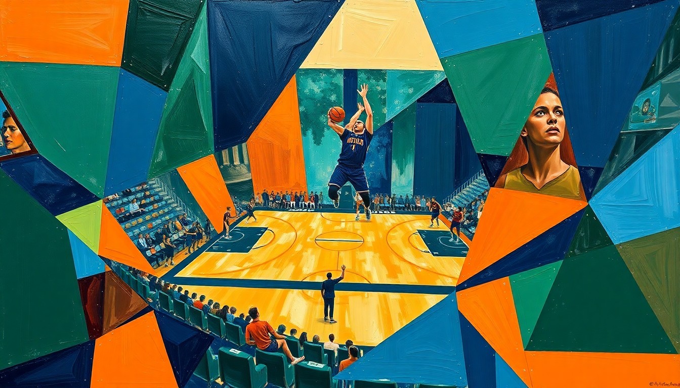 A cubist, geometric painting depicting the chaotic action of a college basketball game, with players and the court fragmented into sharp, overlapping planes of navy, green, and orange.
