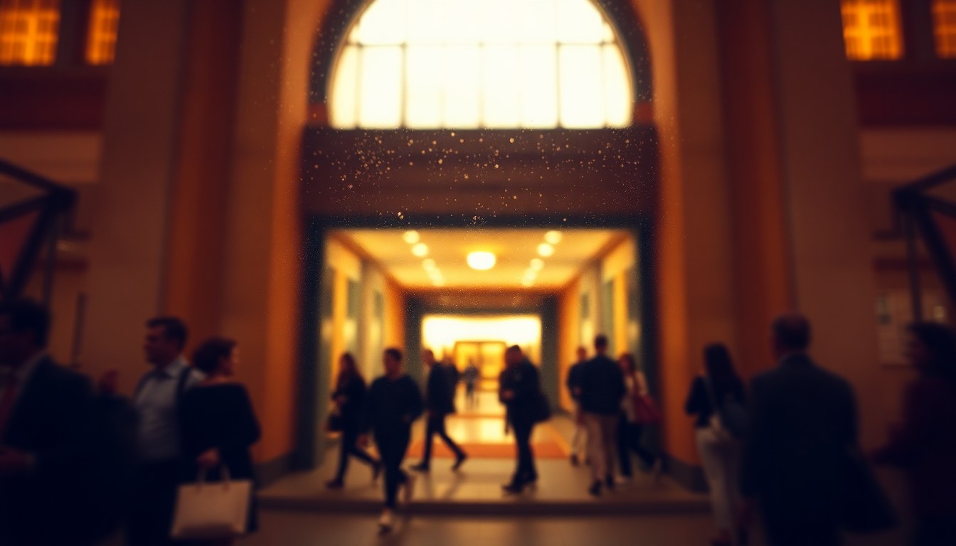 An extremely blurred, out-of-focus photograph in warm tones showing the silhouettes of people entering and exiting a government building, conceptually representing the reopening of an essential community service.