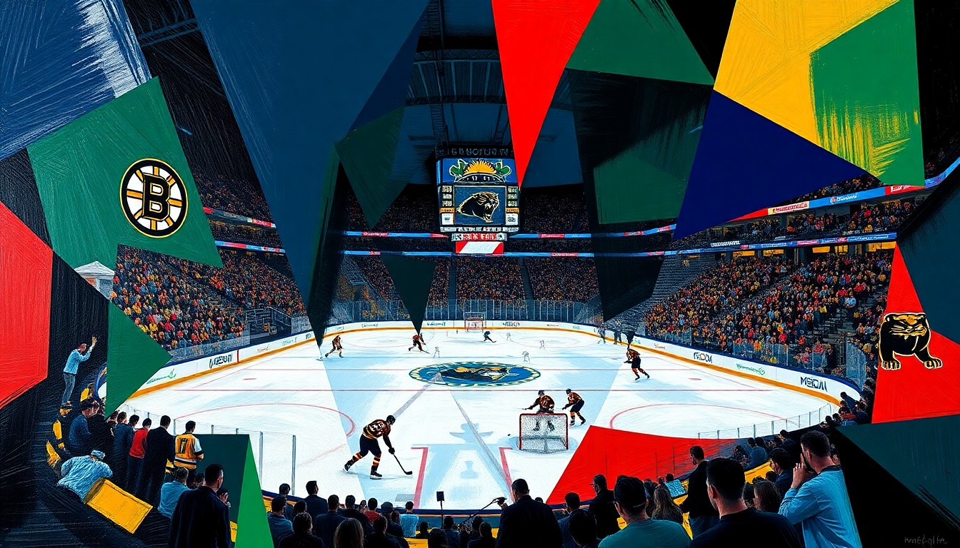 A dynamic, fragmented painting in the style of Picasso, with overlapping geometric shapes and planes of navy, green, and red representing the action and energy of a hockey game between the Boston Bruins and Florida Panthers.