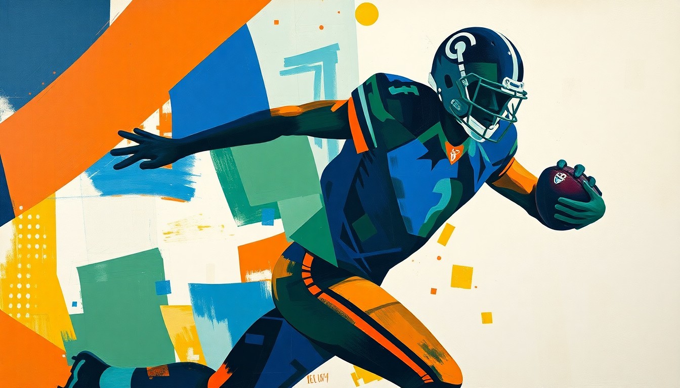A fractured, geometric painting depicting the silhouette of a football player in motion, broken down into sharp, overlapping planes of navy, green, and orange, conceptually representing the multifaceted legacy of Dick Farley's career.