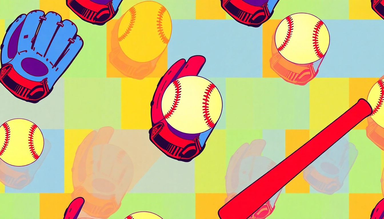 A vibrant, high-contrast silkscreen print featuring repeating images of a baseball glove, baseball, and baseball bat in a grid pattern, capturing the playful spirit of the couple's relationship.