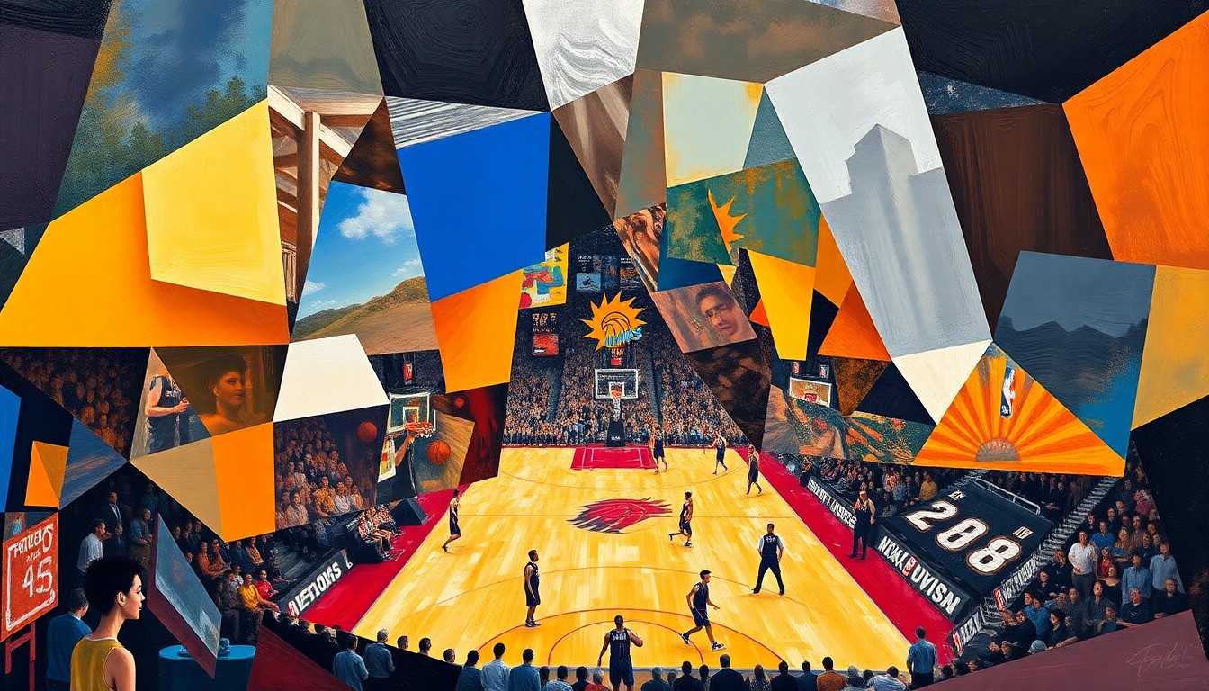 A cubist, geometric painting depicting a Phoenix Suns basketball game, with overlapping planes and shapes representing the team's physical defensive style.