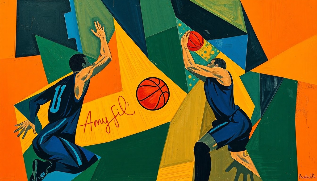 A fractured, cubist-style painting depicting the abstracted forms of basketball players in motion, with sharp, overlapping geometric shapes in a vibrant color palette representing the Grizzlies' search for young talent to rebuild their roster.