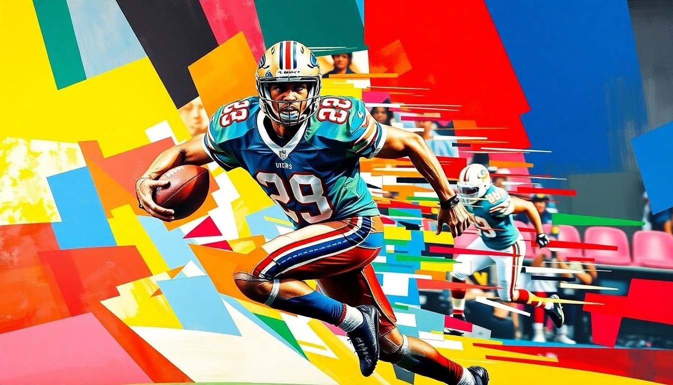 A fractured, multi-perspective painting depicting a football player in motion, broken down into sharp, overlapping geometric planes in vibrant colors, conceptually representing the uncertainty surrounding Jimmy Garoppolo's next career move.