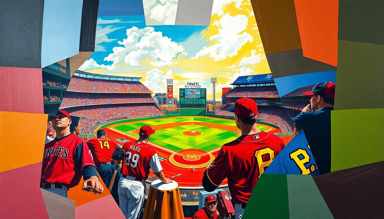A fractured, geometric painting depicting a baseball game between the Cincinnati Reds and Pittsburgh Pirates, with the players and field broken down into sharp, overlapping planes of color, capturing the intensity and unpredictability of their matchups.
