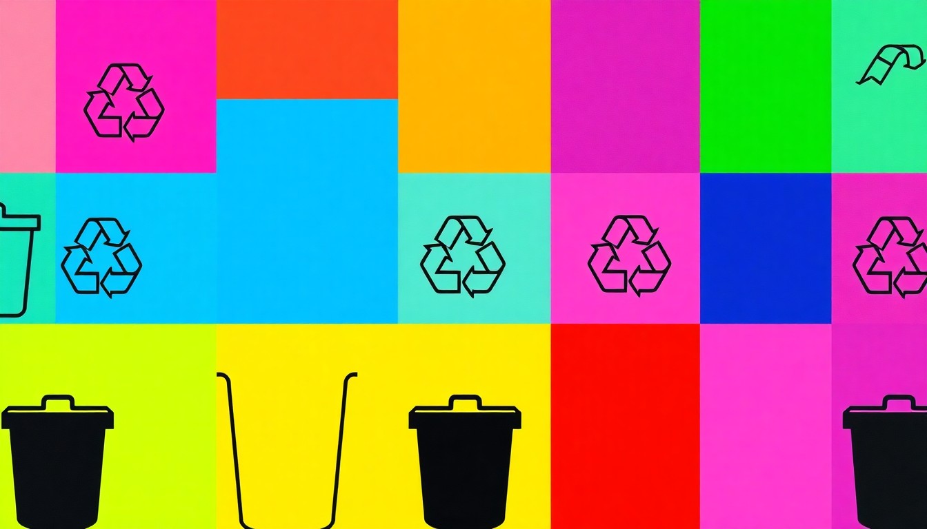 A vibrant, abstract silkscreen-style illustration featuring a repeated icon of a recycling bin in a grid pattern, using bright neon colors and heavy black outlines to capture the county's commitment to waste reduction.