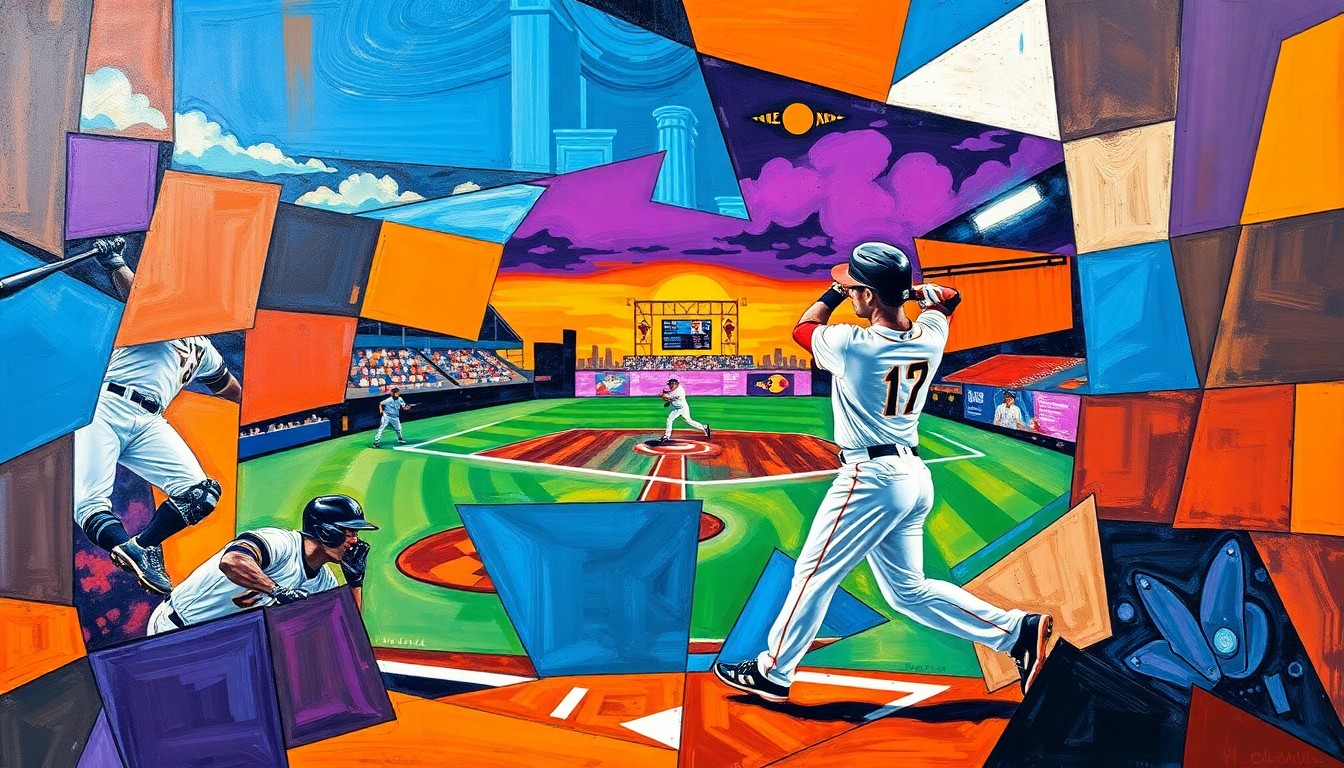A cubist, geometric painting featuring sharp, overlapping planes of color in shades of blue, orange, and purple, conceptually representing the deconstructed motion of a baseball swing.