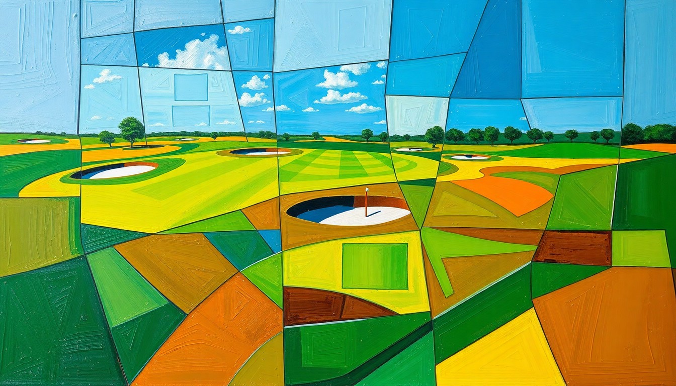 An abstract, cubist-style painting featuring fragmented, geometric shapes in shades of green, brown, and blue, conceptually representing the sport of golf and the challenges facing a famous athlete.