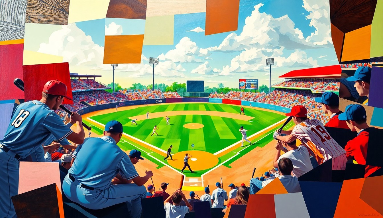 A cubist, geometric painting depicting the action of a high school baseball game, with overlapping planes of players, bats, balls, and field elements in vibrant colors representing the teams' uniforms and stadium environment.