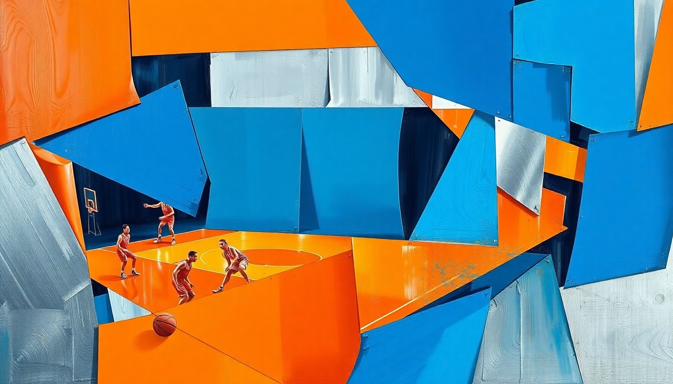 A fragmented, geometric painting depicting a basketball game broken down into sharp, overlapping planes of bright orange, deep blue, and metallic silver, conveying the chaotic energy and mixed emotions of the Wizards' failed April Fools' prank.