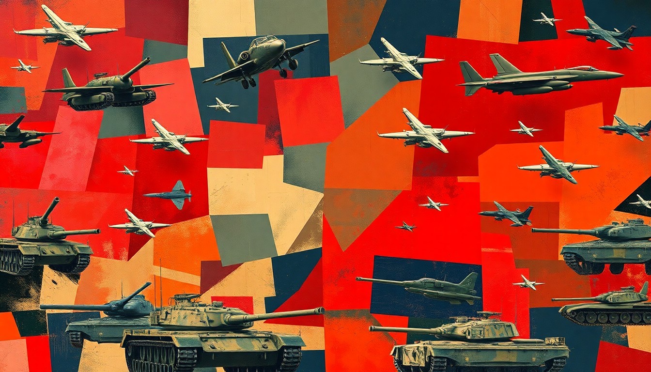 A dynamic, abstract painting featuring overlapping, fragmented shapes and lines in shades of red, blue, and green, conceptually representing the chaos and upheaval of a military leadership shakeup.