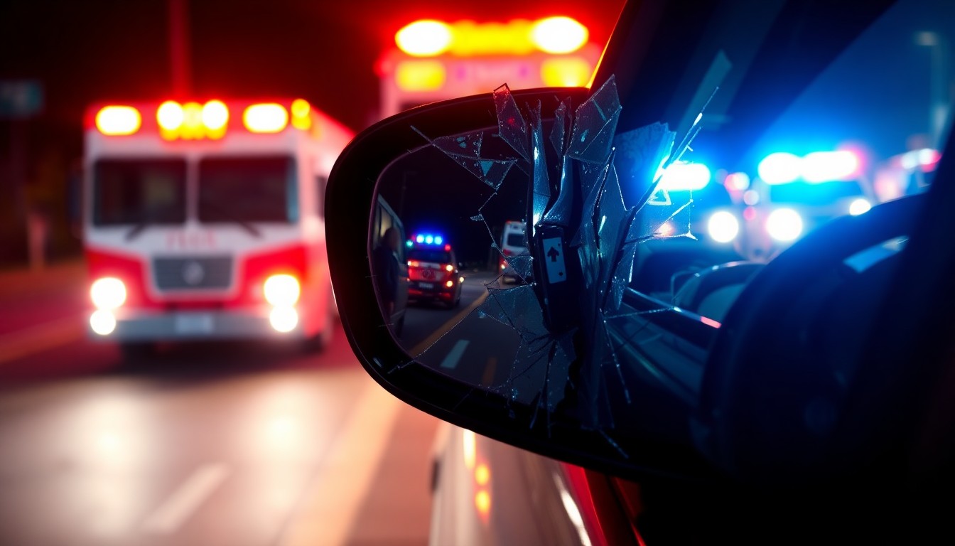 An extreme close-up photograph of a shattered car side mirror reflecting the flashing lights of emergency vehicles, conceptually illustrating the aftermath of a pedestrian collision.