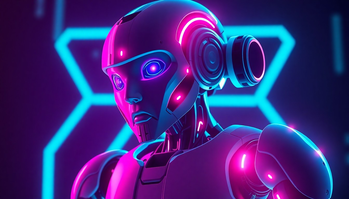A highly detailed, glowing 3D illustration of a sophisticated humanoid robot with advanced sensors and articulated limbs, bathed in a neon cyan and magenta light, set against a dark, futuristic backdrop, conveying a sense of technological progress and innovation.