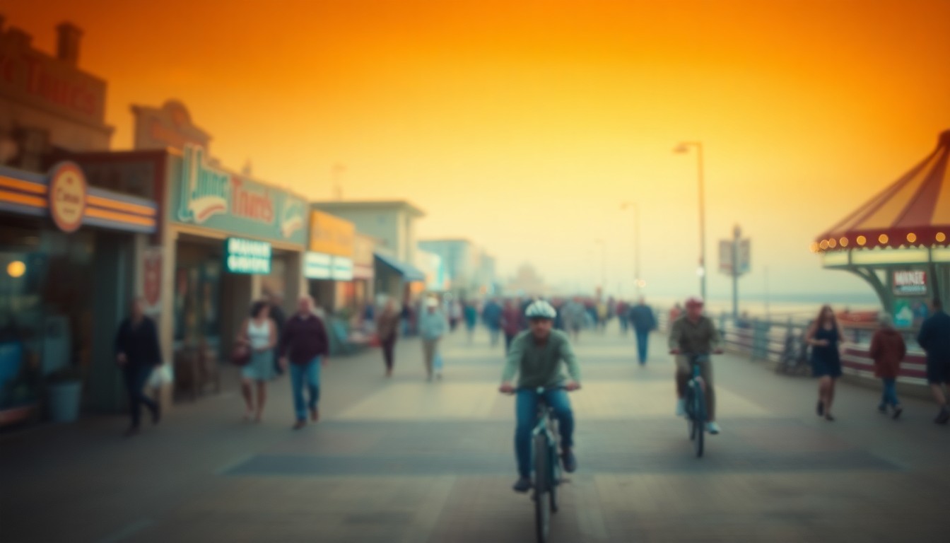 An extremely blurred, dreamlike scene of people walking and riding bicycles on a boardwalk, with the faint outlines of shops and attractions visible in the background, all bathed in a warm, hazy glow of muted amber, ochre, and blue tones.