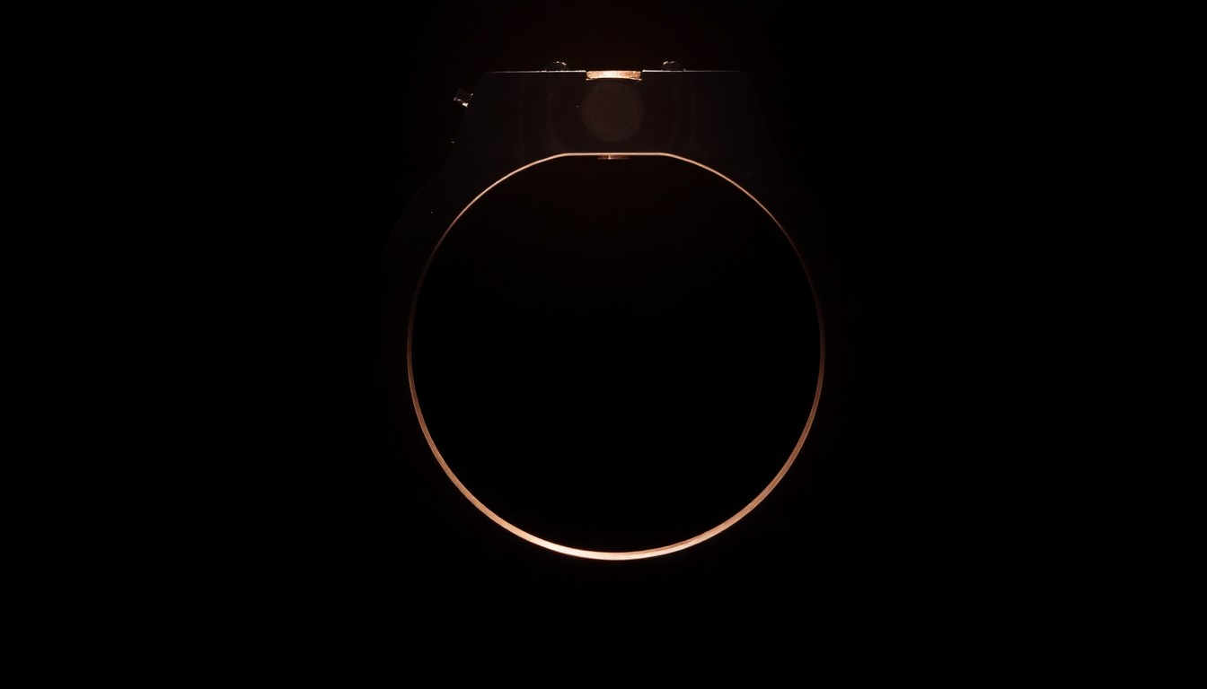 An extreme close-up photograph of a single handcuff, lit by a harsh, direct camera flash against a pitch-black background, creating a stark, gritty, investigative aesthetic.