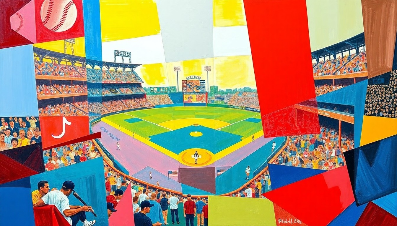 A fragmented, cubist-style painting depicting a baseball game, with sharp geometric shapes in bright colors representing the dynamic action on the field.