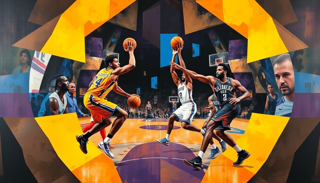 A fragmented, geometric painting depicting a basketball game, with the players' forms broken down into sharp, overlapping planes of color and shape, conveying the dynamic energy and tension of the match.