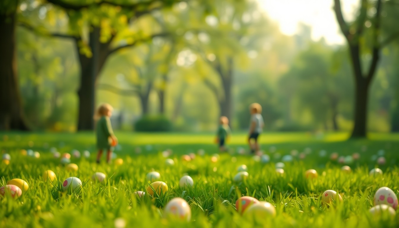 An abstract, impressionistic photograph of an Easter egg hunt in a park, with blurred figures of children visible through a soft, warm color wash, conveying the joyful energy of community celebration.