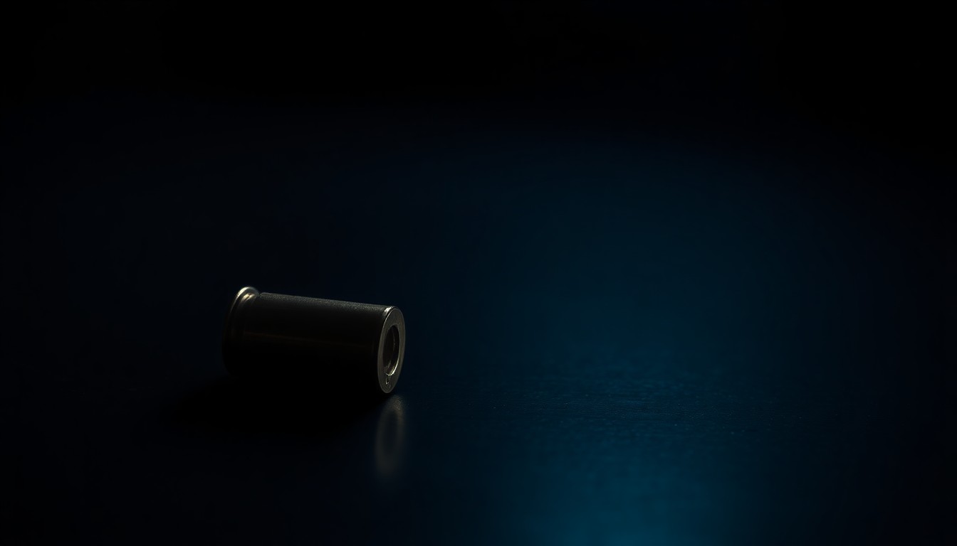 An extreme close-up photograph of a single bullet casing on a dark, shadowy surface, lit by a harsh, direct camera flash, conceptually representing the aftermath of a school shooting incident.