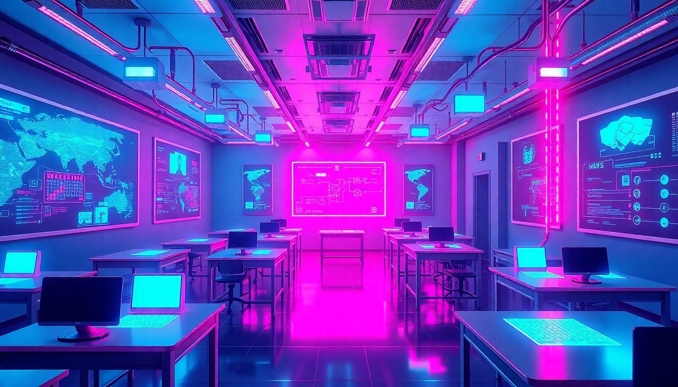 A highly detailed, glowing 3D illustration of a futuristic classroom filled with illuminated desks, floating holographic displays, and pulsing data cables, bathed in a neon cyan and magenta light to create a sense of high-tech innovation and cybernetic energy.